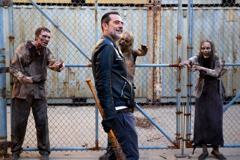 Negan (Jeffrey Dean Morgan) gives the post-apocalyptic version of a Powerpoint presentation.